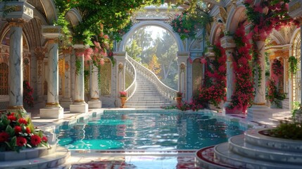 Marble white stairs with flower garlands, fantasy palace or heaven stone stair with floral decorations, fairytale princess castle interior, AI generated image