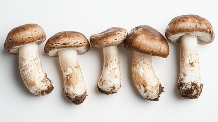 Matsutake mushrooms displayed in an artistic arrangement, highlighting their unique features on a white background.
