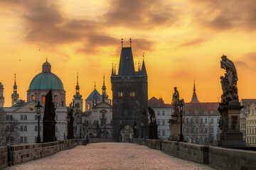 Fototapeta premium Vltava river with old Town bridge tower on Charles bridge in Prague, Czech Republic.