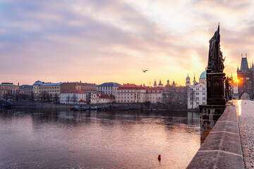 Naklejka premium View of the city of Prague and the Vltava river with Old Town Bridge Tower on Charles bridge in Prague, Czech Republic.