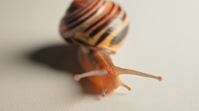 Snail moving extreme macro close up. Vineyard snail crawling. Slug on white background. Crustacean land animals in the class of molluscs. Malacophobia phobia fear of snails. Halloween background.