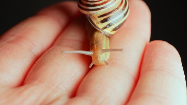 Snail essence in cosmetology concept. Close-up macro snail on human hand skin or palm and slowly crawling. Snails are crustacean land molluscs animals. Live in humid and rainy places.