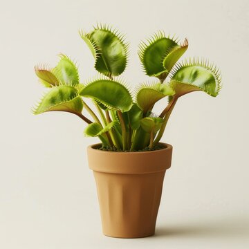 Medium shot of a Venus flytrap in the pot, isolated on a solid light pastel white background