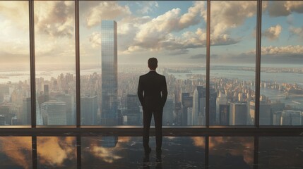 Fototapeta premium Newly established professional standing in front of a large window, confidently looking at the cityscape.