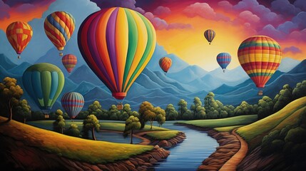 Fototapeta premium Colorful hot air balloons over patchwork fields