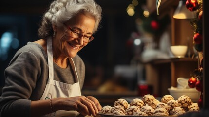 A woman is smiling while baking cookies