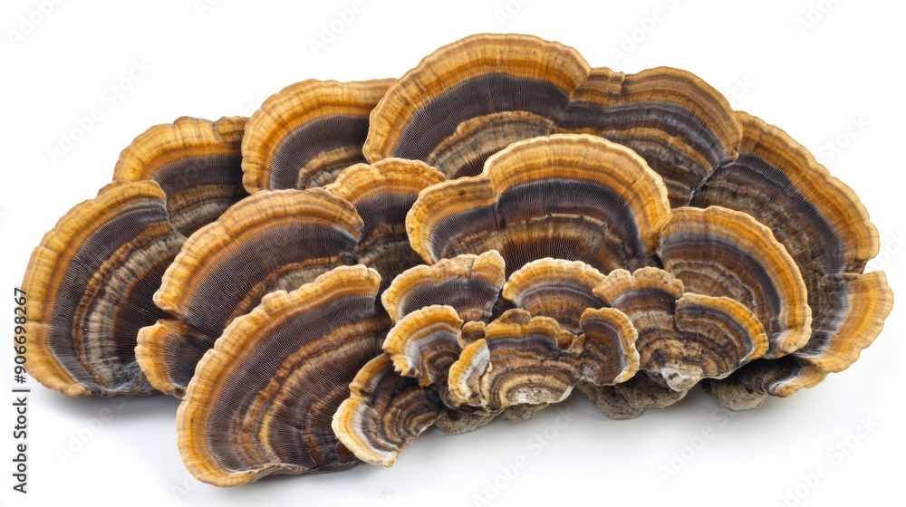 Poster organic turkey tail mushrooms arranged in a fan shape, showing their intricate patterns on a white b