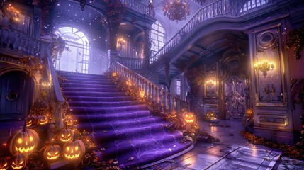 Obraz premium Scary abounded mysterious castle interior with stairs, Halloween and autumn vibes, pumpkins and floral decorations, halloween party banner, AI generated image
