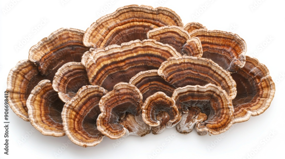 Poster organic turkey tail mushrooms arranged in a fan shape, showing their intricate patterns on a white b