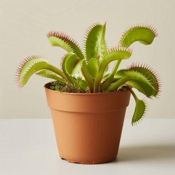 Medium shot of a Venus flytrap in the pot, isolated on a solid light pastel white background