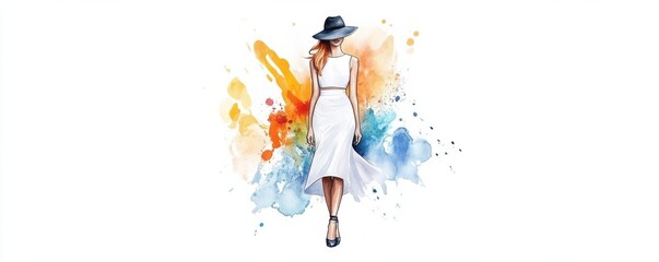 Chic watercolor fashion illustration of a model in an elegant dress, capturing haute couture style and creative runway looks