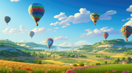 Naklejka premium Colorful hot air balloons over patchwork fields