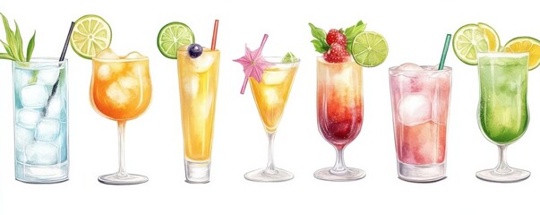 Colorful Cartoon Drawing of a Refreshing Cocktail Collection with Fresh Beverages in a Summer Bar Scene