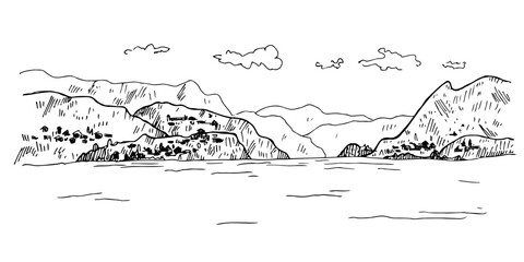 Lake in the mountains vector sketch illustration. Hand drawn landscape Italian or Swiss resort Lombardia, Piemonte e Ticino. Tourism and journey in Europe. Background for card, poster, paper, sign  