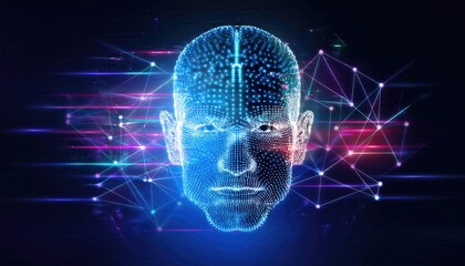 Obraz premium AI background, AI hologram face images, artificial intelligence images, colorful glowing lines background.