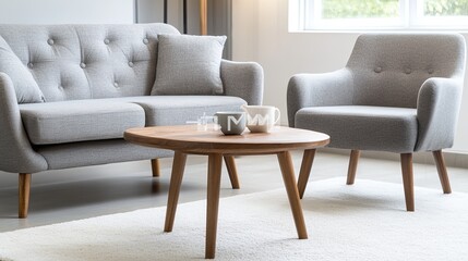 Obraz premium A stylish living room showcases a gray sofa paired with a matching armchair and a wooden coffee table under natural light