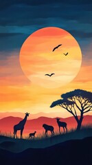 Breathtaking African Sunset Over Savannah with Wildlife Silhouettes