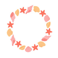 Round frame with hand drawn pink and beige seashells and starfish. Template for print, fabric, greeting card and invitation. Isolated vector illustration