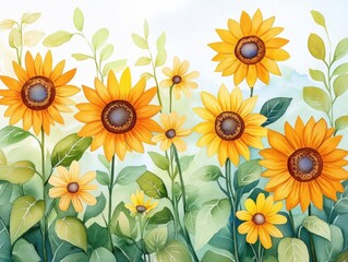 Obraz premium Cheerful and Bright Watercolor Sunflowers in a Vibrant Floral Arrangement