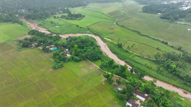Aerial View of Verdant Fields and Meandering River in Bangladesh