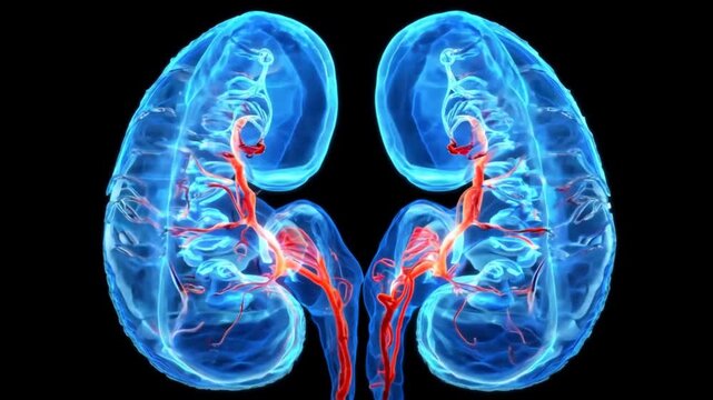 Two kidneys with red veins and blue blood. The image is of a medical illustration. Scene is serious and informative