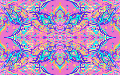 Fototapeta premium Seamless paisley pattern. Vector ornate illustration. Hippie inspired repeating background. Psychedelic concept. Buddhism, trance music. Esoteric art.