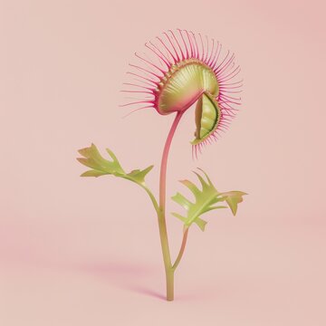 Medium shot of a Venus flytrap in the pot, isolated on a solid light pastel white background