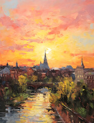 Obraz premium Berlin Sunset Splendor - Palette Knife Painting, A stunning palette knife painting capturing the vibrant colors of a sunset over Berlin with its iconic cityscape, showcasing rich textures, brushstroke