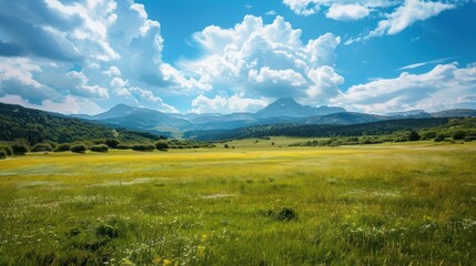 Fototapeta premium Natural landscape with fields, trees, and mountains in the background. under the sky