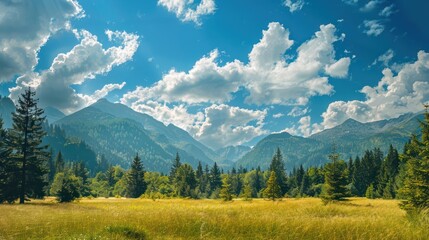 Natural landscape with fields, trees, and mountains in the background. under the sky