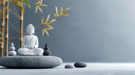 Serene Buddha Statue With Bamboo and Stones