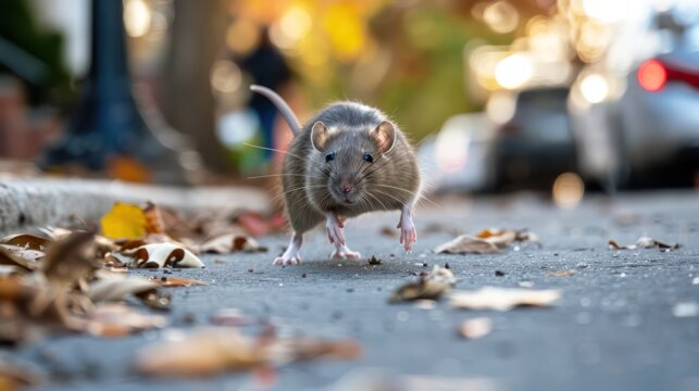 Rat running across the sidewalk Busy roads, vectors of disease