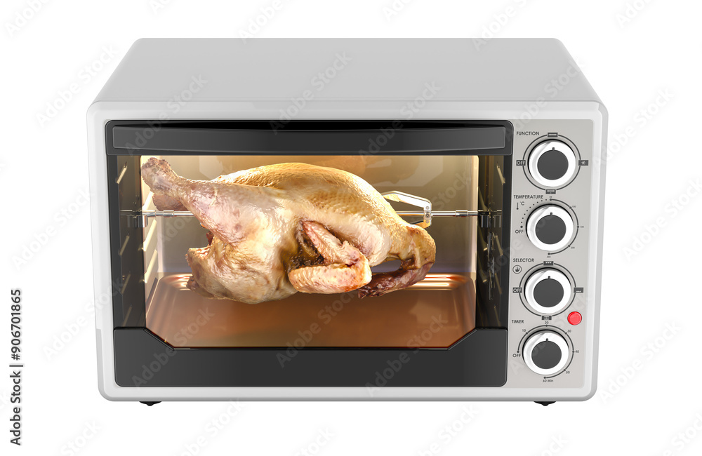 Poster convection toaster oven with rotisserie and grill with chicken inside. 3d rendering isolated on tran