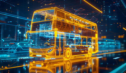 Digital school bus with binary code, integration of artificial intelligence into student transportation systems, route optimization algorithms, safety monitoring mechanisms, school bus design