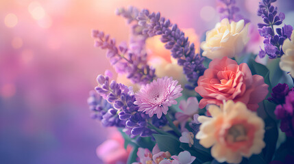 Obraz premium Floral Arrangement with Colorful Blooms and Purple Lilac Gradient Backdrop