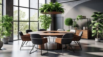 Fototapeta premium Contemporary meeting space with a circular table and a large plant in the corner