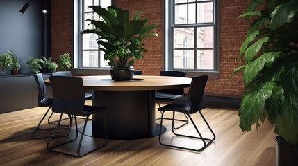 Contemporary meeting space with a circular table and a large plant in the corner