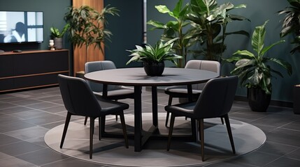 Contemporary meeting space with a circular table and a large plant in the corner