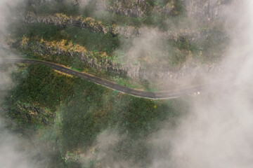 Aerial view  misty landscape with road in Madeira Island, Portugal