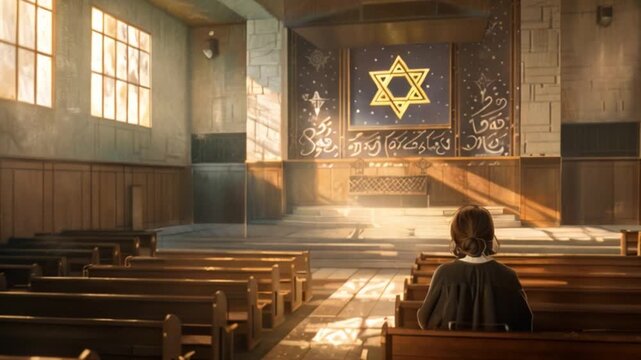 A young individual sits in reflection within a serene synagogue adorned with the Star of David and rich cultural symbols.