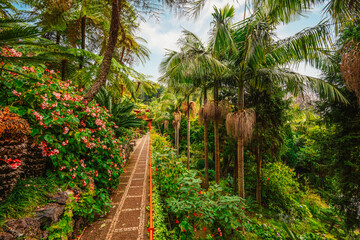 Monte Palace, Tropical Garden with Waterfalls, Lakes and traditional buildings above the city of Funchal