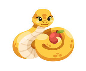 Snake with red apple. Cute funny comic character holding forbidden fruit in tail. Adorable baby python, viper. Serpent in kawaii style. Flat cartoon vector illustration isolated on white background