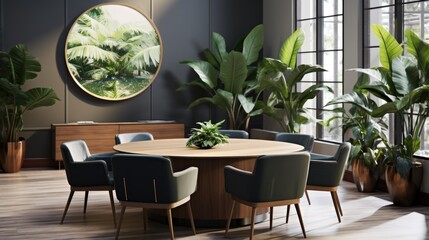 Fototapeta premium Contemporary meeting space with a circular table and a large plant in the corner