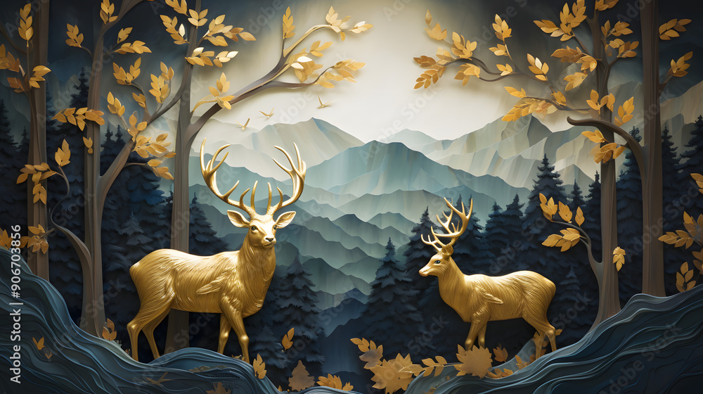 Poster interior mural wallpaper with dark green and golden forest trees and deer animal with birds wildlife