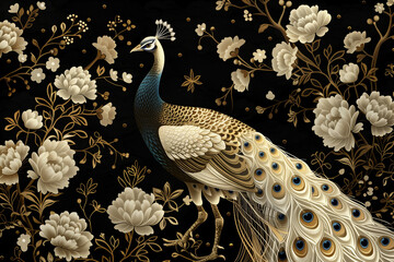 Golden peacock design on black background