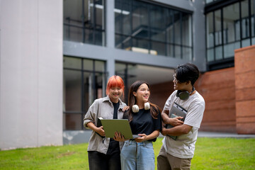 Three young people are standing in a grassy area, one of them holding a laptop