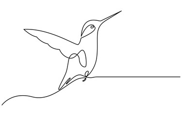 Obraz premium Continuous one line drawing of flying hummingbird. One line drawing illustration of colibri. Flying animal concept Single line, Hummingbird one line art design. Hand drawn illustration of hummingbird.