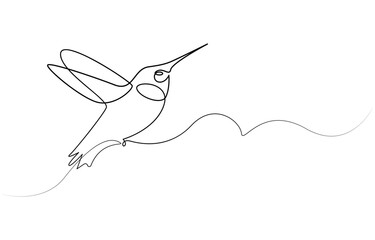 Obraz premium Continuous one line drawing of flying hummingbird. One line drawing illustration of colibri. Flying animal concept Single line, Hummingbird one line art design. Hand drawn illustration of hummingbird.