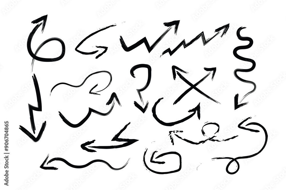 Poster black charcoal arrows strokes different forms. arrow brush elements. a collection of arrows in n bru