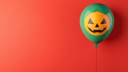 Obraz premium A festive Halloween balloon with a smiling pumpkin face against a vibrant red background, perfect for holiday decorations.